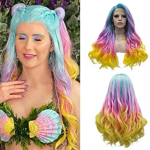 IMSTYLE Multi-Color Lace Front Wigs Rainbow Natural Wave Synthetic Wig for Cosplay Party Wig 26 inches