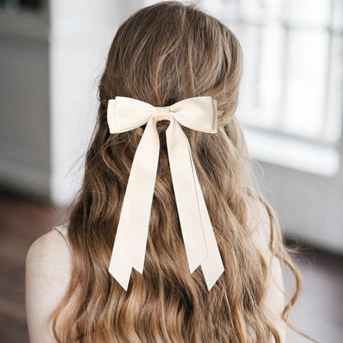 2PCS Silky Satin Hair Bows Ribbon Hair Clips, Fall Alligator Hair Pins, Ponytail Holder Accessories Sides Metal Hair Bow Barrettes Hair Accessories for Women Girls Kids (Pink+Beige)