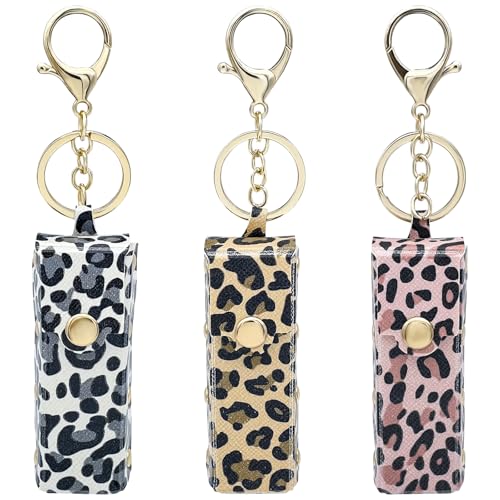 Leopard Print Lipstick Holder Keychain - 3 Pack PU Leather