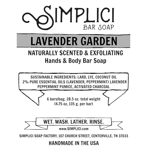 Simplici Lavender Garden Natural Soap (exfoliating + pure essential oils) 6 Bar Value Bag. Palm Free.