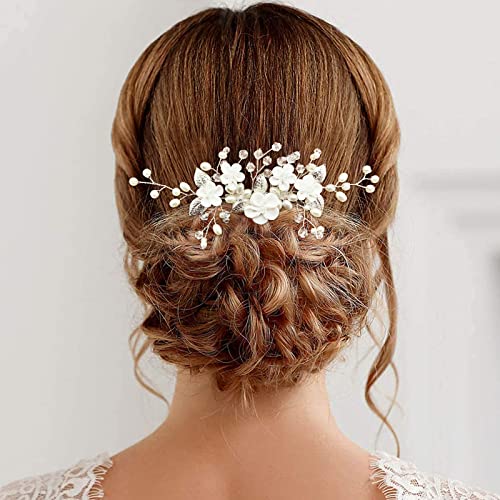 White Flower Bridal Hair Comb with Pearls & Rhinestones