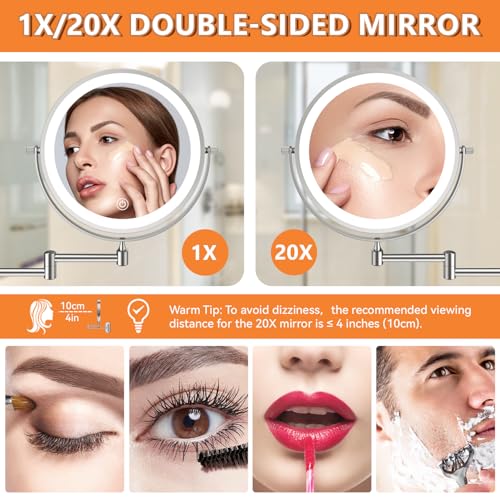 Auxmir 8'' Wall Mounted Lighted Makeup Mirror, 3200mAh Rechargeable Double-Sided 1X/20X Magnifying Mirror with Light, Touch Dimmable 3 Color Light, 360¡Æ Rotation Foldable Extended Arm, Chrome
