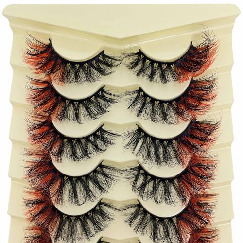 Colored Lashes Mink Fluffy CD Curl Red Eyelashes Strips Halloween 3D Faux Mink Dramatic 20MM Long Colorful False Eyelashes Wispy Lash 7 Pairs Pack YH-C01