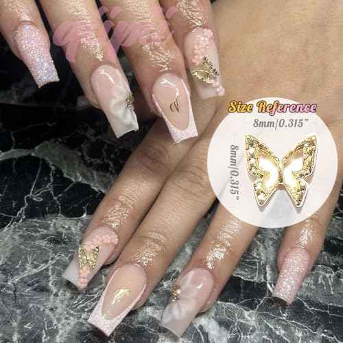 60pcs Golden Butterfly Nail Charms Bulk 3D Butterflies Charms for Acrylic Nails, Nail Alloy Studs Charms Nail Art Jewels Decor Supplies Accessories Supply for Nails Face Makeup Body DIY Crafts