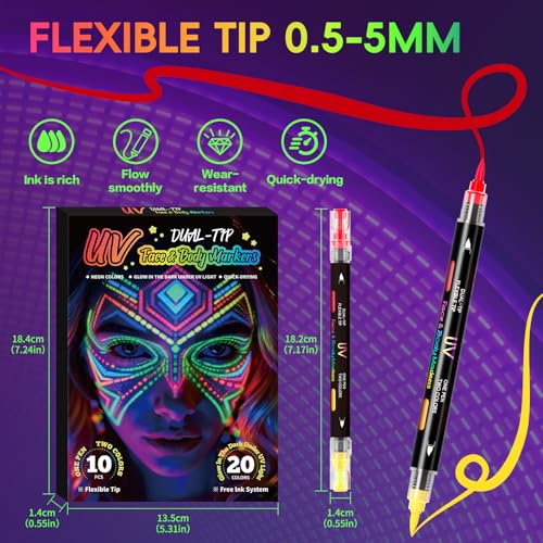 UV Neon Face Paint Pens - 10pc 20 Color Luminous Body Painting Kit