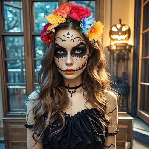 Nydotd Mexican Rose Flower Crown Headband, Day of The Dead Floral Rose Crown Headband Headpiece for Halloween Costume Party