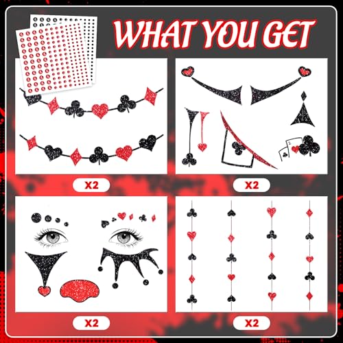 Cerlaza Halloween Decorations, Clown Face Makeup Temporary Tattoos+Black Red Faces Gems, Glitter Clown Face Paint Kit Halloween Costumes Rave Party Favors, Festival Cosplay Outfits Accessories