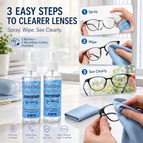Eyeglass Scratch Repair Spray, 2 Bottles with Microfiber Cloths