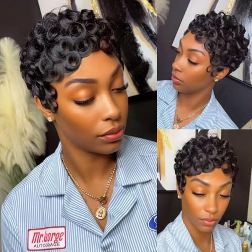 Pixie Cut Human Hair Wig Short Curly 1B Black Women