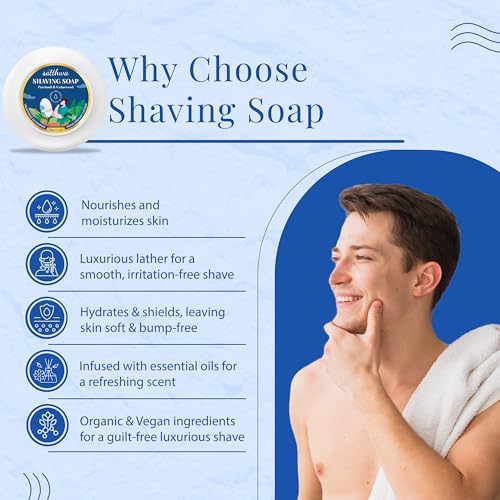 Satthwa Organic Shaving Soap Puck infused with Patchouli & Cedarwood | Create the Perfect Lather | Excellent for Silky Smooth Shaves | Hydrates and Shields, 50g (1.7oz)