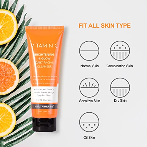 Neutriherbs Vitamin C Face Wash,Daily Facial Cleanser with Aloe & Hyaluronic Acid| Clean,Refresh,Brighten and Balance Complexion| For All Skin Type, 120ml 4 fl. oz