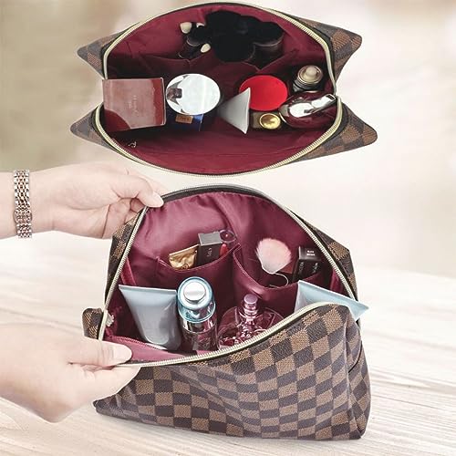 Makeup Bag,3 Pcs Brown Checkered Bags Set,Portable with Adjustable Partition,Large Capacity Pouch for Travel Cosmetic Organizer, Makeup Brushes,Waterproof, Toiletries,Designer for Gift,Checkered