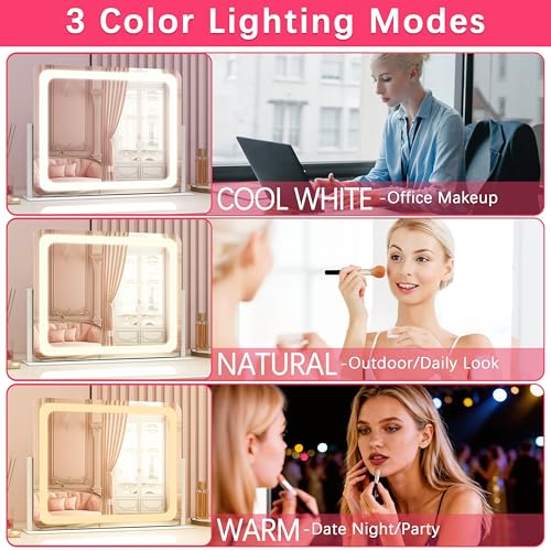 ROLOVE 22x17 Inch Lighted Vanity Mirror with Dimmable LED Lights - 3 Color Modes, Smart Touch Control & 360¡Æ Rotating Base - Desk Makeup Mirror (White)