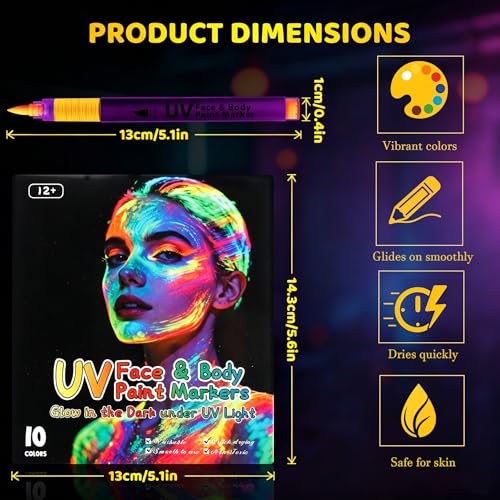 Glow Body Paint Markers UV Reactive, 10 Piece Set