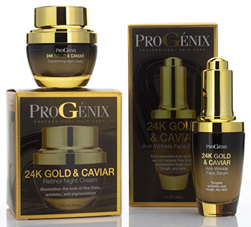 Progenix 24k Gold and Caviar Serum. Anti-Wrinkle Serum with 24kt Colloidal Gold, Vegan Green Caviar, Manuka Honey for Fine Lines, Wrinkles, and Dark Spots. 1 FL OZ (30 mL)