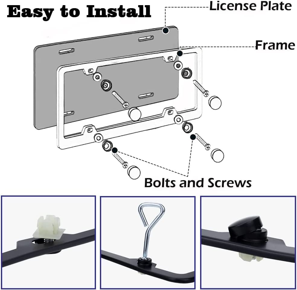 License Plate Frames, 2 Pcs 4 Holes Slim Stainless Steel Polish Mirror License Plate Frame + Chrome Screw Caps (Silver)