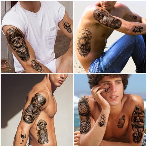 77 Pirate Temporary Tattoos - Nautical Sleeve Fake Tattoos