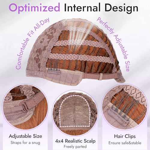 Long Ginger Wig with Bangs for Women,4x4 Realistic Scalp, Free Parting,Layered Hairstyle Synthetic Heat Resistant for Daily Party Use 26 inch