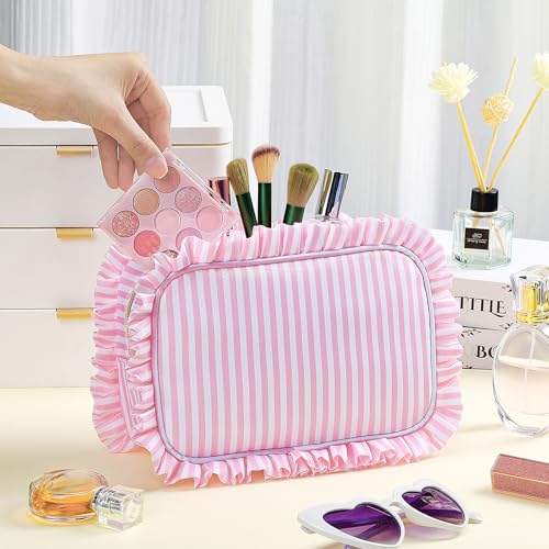 Kigeli Striped Ruffle Makeup Bag Preppy Makeup Pouch Large Travel Cosmetic Bag Nylon Waterproof Toiletry Make up Organizer for Women (Pink)