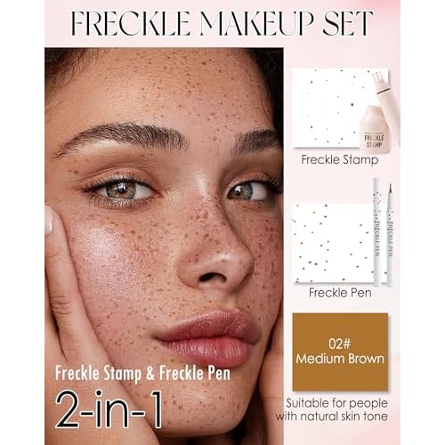 2 Pcs Faux Freckle Stamp Pen, Liquid Freckle Stamp and Freckles Pen Set, Waterproof Long-Lasting Quick Dry Freck Pencil for Natural Lifelike Sunkissed Fake Face Freckles Tattoo Makeup, 02 Medium Brown