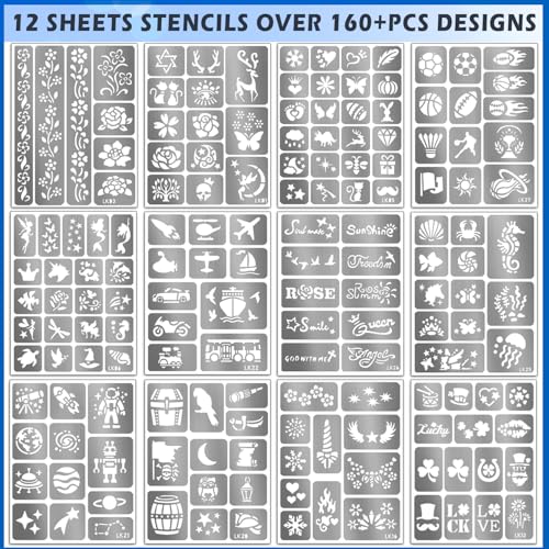 12 Metallic Tattoo Markers + 160 Stencils for Kids & Adults