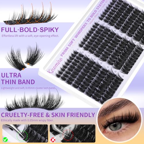 Kiromiro Lash Clusters Kit Cluster Eyelash Extensions 12-20mm Volume Individual Lash Clusters with Spikes 216pcs DIY Lash Extensions Kit Fluffy Manga Cluster Lashes Kit