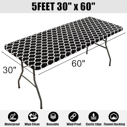 smiry Rectangle Picnic Tablecloth, Waterproof Elastic Fitted Table Covers for 5 Foot Tables, Wipeable Flannel Backed Vinyl Tablecloths for Camping, Indoor, Outdoor (Black Morocco, 30x60 Inches)