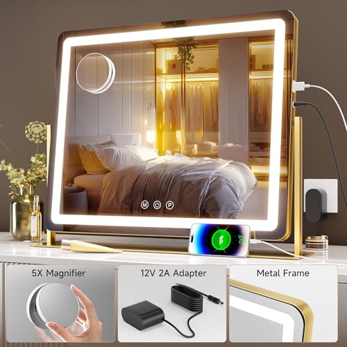 Hasipu Vanity Mirror with Lights 24" x18¡± -Makeup Mirror with Lights and 5X Magnification, Phone Holder, USB Charging & Smart Touch 3-Color Lighting (Gold)