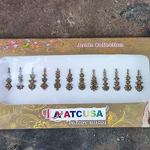12 Golden Long Crystal Bindi Bridal Face Jewels - Indian Forehead Tika