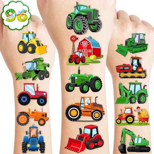 96 PCS Tractor Farm Farmhouse Pre-Cut Temporary Tattoos for Kids | Super Cute Theme Birthday Party Favors, Supplies, Decorations, Green Red Fake Tattoo Stickers (Multiple)