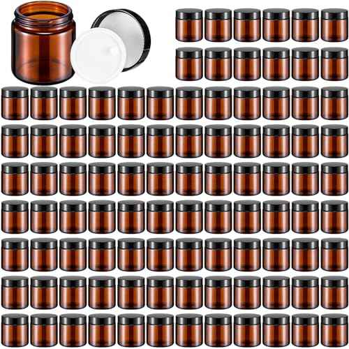 Norme 120 Pcs 4 oz Glass Jars with Lids Leakproof Round Airtight Empty Cosmetic Jars with Inner Liners Lid for Storing Lotions Powder Ointments Candle Making Tins (Black,Amber)