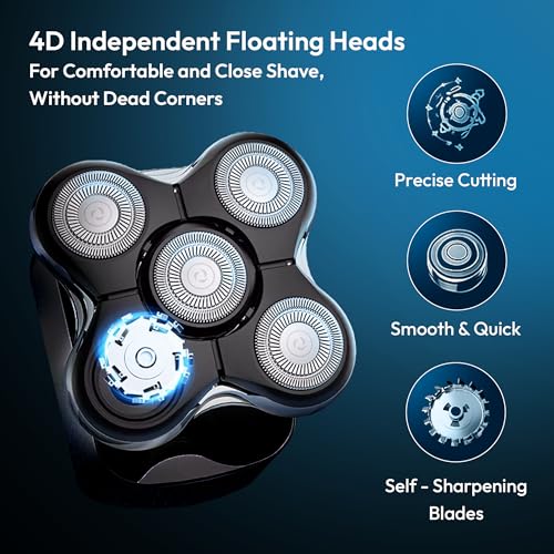 5D Electric Head Shaver for Bald Men - Waterproof Wet/Dry Razor - USB-C Fast Charging - 6 in 1 Grooming Kit with Beard, Nose & Face Trimmer - Cordless Rechargeable Bald Head Clippers
