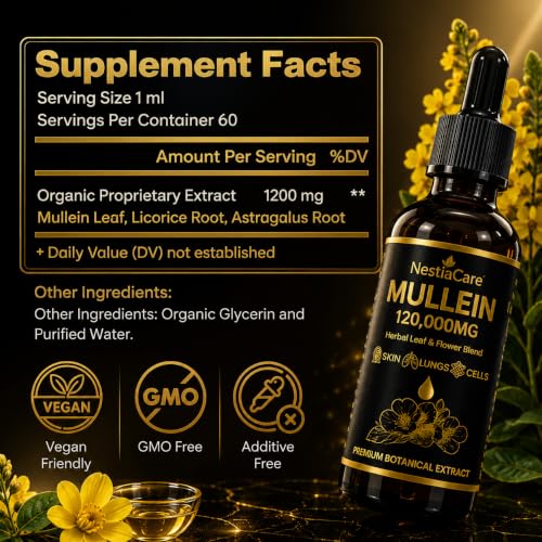 Organic Mullein Drops Lung Support – 1200mg Respiratory Wellness