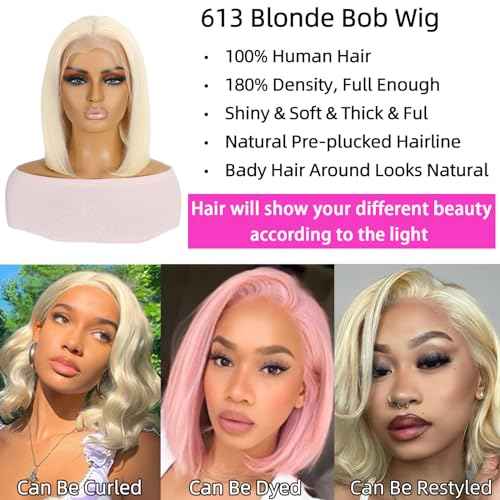 613 Blonde Short Bob Wig Human Hair 13x4 HD Transparent Lace Front Wigs Human Hair Pre Plucked with Baby Hair Glueless Wigs Human Hair 180% Density Straight 613 Bob Wigs for Women 8 Inch