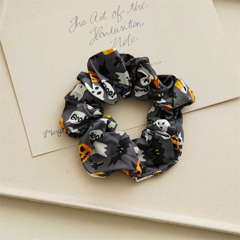 4 Packs Halloween Scrunchies Hair Ties Silk Satin Scrunchy for Hair Halloween Spooky Ghost Pumpkin Spider Bat Print Design Elastic Hair Bands Ponytail Holders Hair Scrunchy for Women Hair Accessories