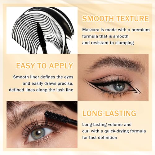 6PCS Black Mascara & Eyeliner Pen Makeup Gift Set,Waterproof Long Lasting Smudge Proof Volume and Length Mascara, Easy to Use, Highly Pigmented Liquid Eye Liner Pencils for Women