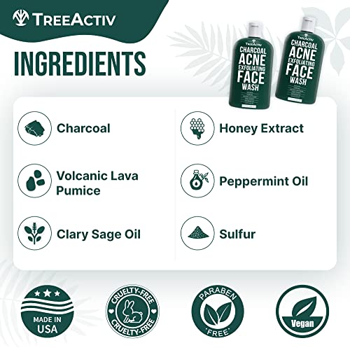 TreeActiv Acne Charcoal Face Wash 3.4 oz, Exfoliating Daily Honey & Sulfur Acne Cleanser Face Soap, Deep Cleansing Moisturizing Face Wash for Women and Men