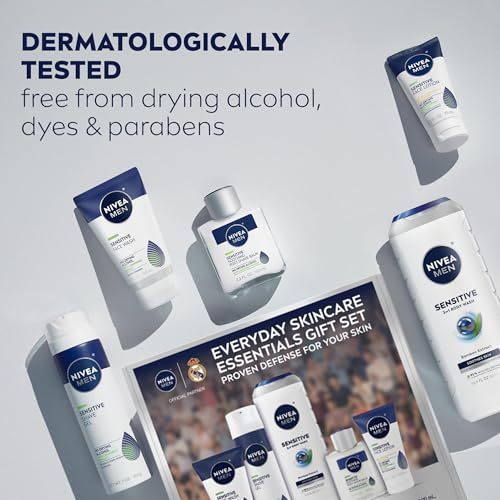 NIVEA MEN Sensitive Skin Care Set for Men, Face Wash, 5 Fl Oz + Body Wash, 16.9 Fl Oz + Shave Gel, 7 Oz + Soothing Post Shave Balm, 3.3 Fl Oz + Face Lotion SPF 15, 2.5 Fl Oz