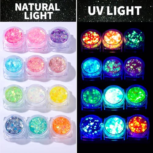 Teenitor Glow in The Dark Glitter Gel - 12 Colors UV Body Glitter