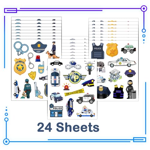 CupaPlay 300+PCS Police Car Tattoos Temporary Stickers Party Supplies Decorations Birthday Party Favors Goodie Bag Stuffers Favors Prize(24 Sheets)