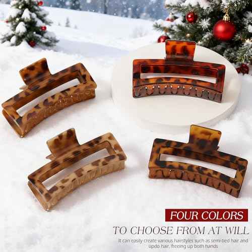 4 PCS 5 Inch Extra Large Claw Clips for Women, Tortoise Shell Jumbo Claw Clips for Thick Long Curly Hair, Rectangle Strong Hold Hair Clip, Non-slip Square Durable Hair Accessories, Christmas Gifts