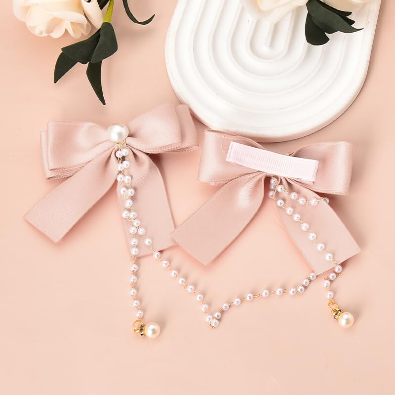 Hair Bow Accessories for Girls Women Pink Hair Bow with Pearls Tassel Ribbon Bow Hair Clips Small Silk Hair Bows for Women Bow Decor Hair Clip Satin Bowknot Hair Clips Head Clips for Women's Hair