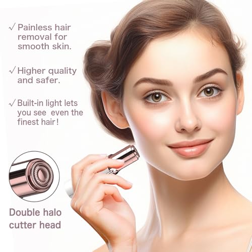 Painless Facial Hair Remover for Women - Rechargeable, Rose Gold, Portable with 2 Replacement Heads