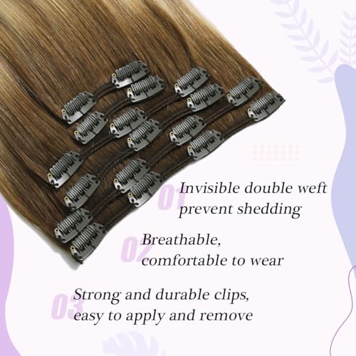 Sindra Hair Extensions Real Human Hair Clip ins 14Inch Balayage Dark Brown Ombre Light Brown Blonde Clip in Hair Extensions Real Human Hair Remy Straight For Woman 100G 6Pcs(clip#3/8/22-14inch)