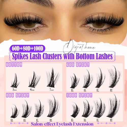 Volume Lash Clusters Spikes Cluster Eyelash Extensions 60D 80D 100D Thick Spiky Individuals Lashes 5-19mm Mega Wispy Eyelash Extension Fluff DIY D Curly Lash Extension with Bottom Lashes 296Pcs