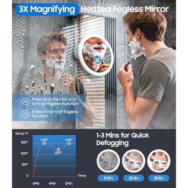 3X Magnifying Lighted Shower Mirror Fogless for Shaving, 5000mAh Rechargeable 8.3¡± Heated Fog Free Shower Shaving Mirror with Light 3 Colors Dimmable, 360¡ÆSwivel Magnetic Design for Men, NO-Drilling