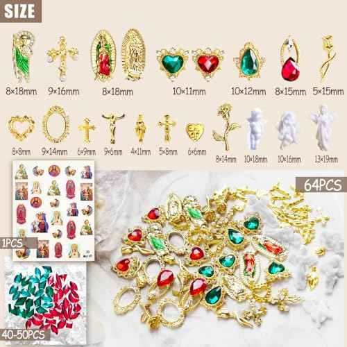 107pcs Virgin Mary Cross Gold Nail Charms Gems,San Judas Nail Charms 3D Alloy Heart Rose Angel Rhinestones for Acrylic Nail Art Religious Nail Stickers Manicure Decoration Supplies (Green, Red, Gold)