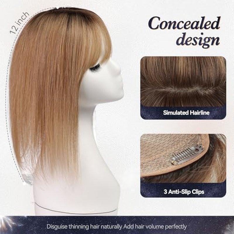 Starluck Real Human Hair Toppers for Women with Bangs - 14 Inch