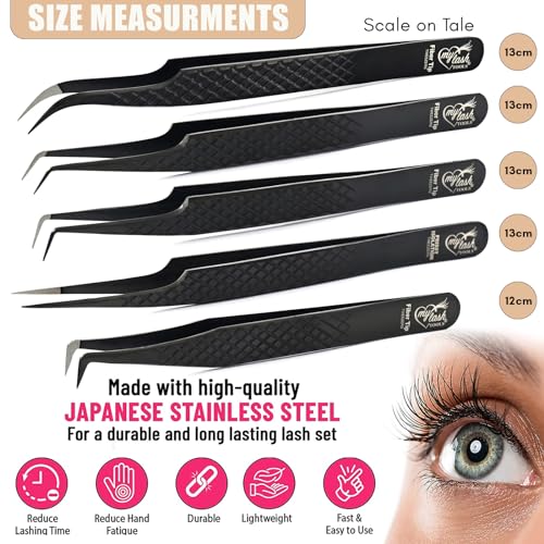 My Lash Tools 5Pcs Lash Tweezers Set for Eyelash Extension Precision Fiber Tip Lash Tweezers for Eyelash Extensions Curved, Mega Volume Boot & isolation tweezers for women Stainless Steel Tweezers