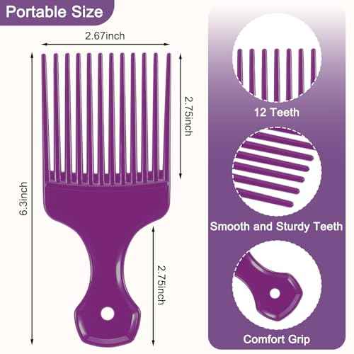 SIMPOR 2 Pcs Hair Pick Comb Wide Tooth Lift for Hair Styling Detangling Plastic Afro Pick for Women Men (Purple, Black)